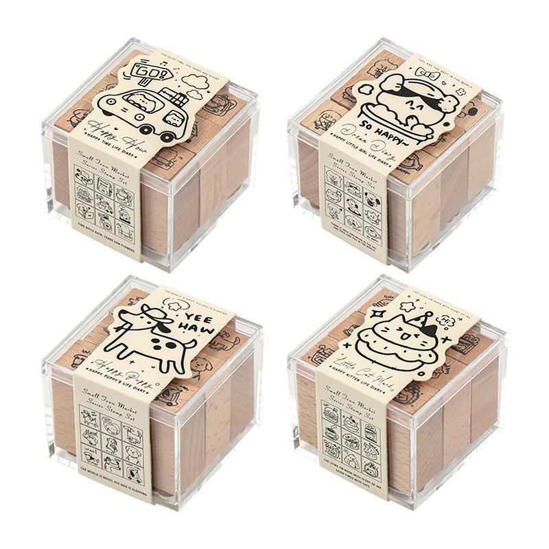 9 Pcs Wooden Journal Stamps Set, Cartoon Character Seals, Adorable Scrapbooking Supplies