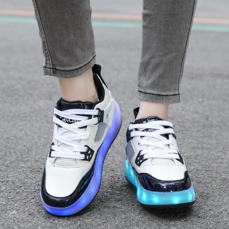 Pattini a rotelle per bambini, rimovibili, piatti, ricaricabili, LED, quattro ruote, scarpe sportive luminose, rosa, scarpe da ginnastica luminose da donna