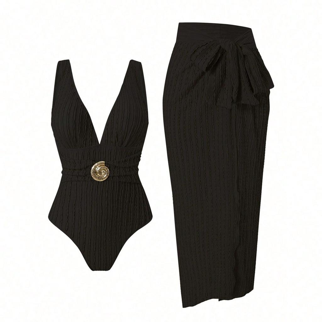 Deep Brown One-Piece Swimsuit with Sheer Wrap Skirt, V-Neck, Bow Detail