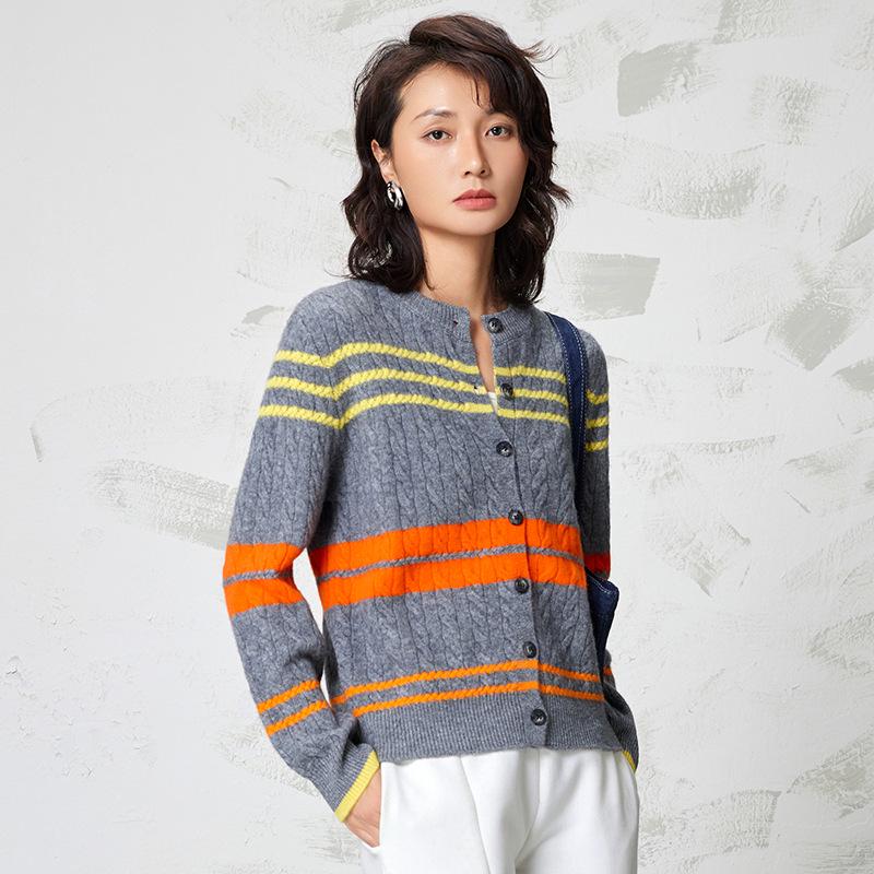 2025 Autumn/Winter Women's Round Neck Color Block Cable Knit Cardigan Sweater