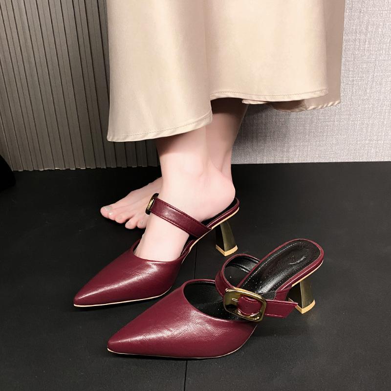 Slippers thin heel sandals pointed head sexy high heel 2025 women's French Mueller temperament spring and summer bag head new half slippers