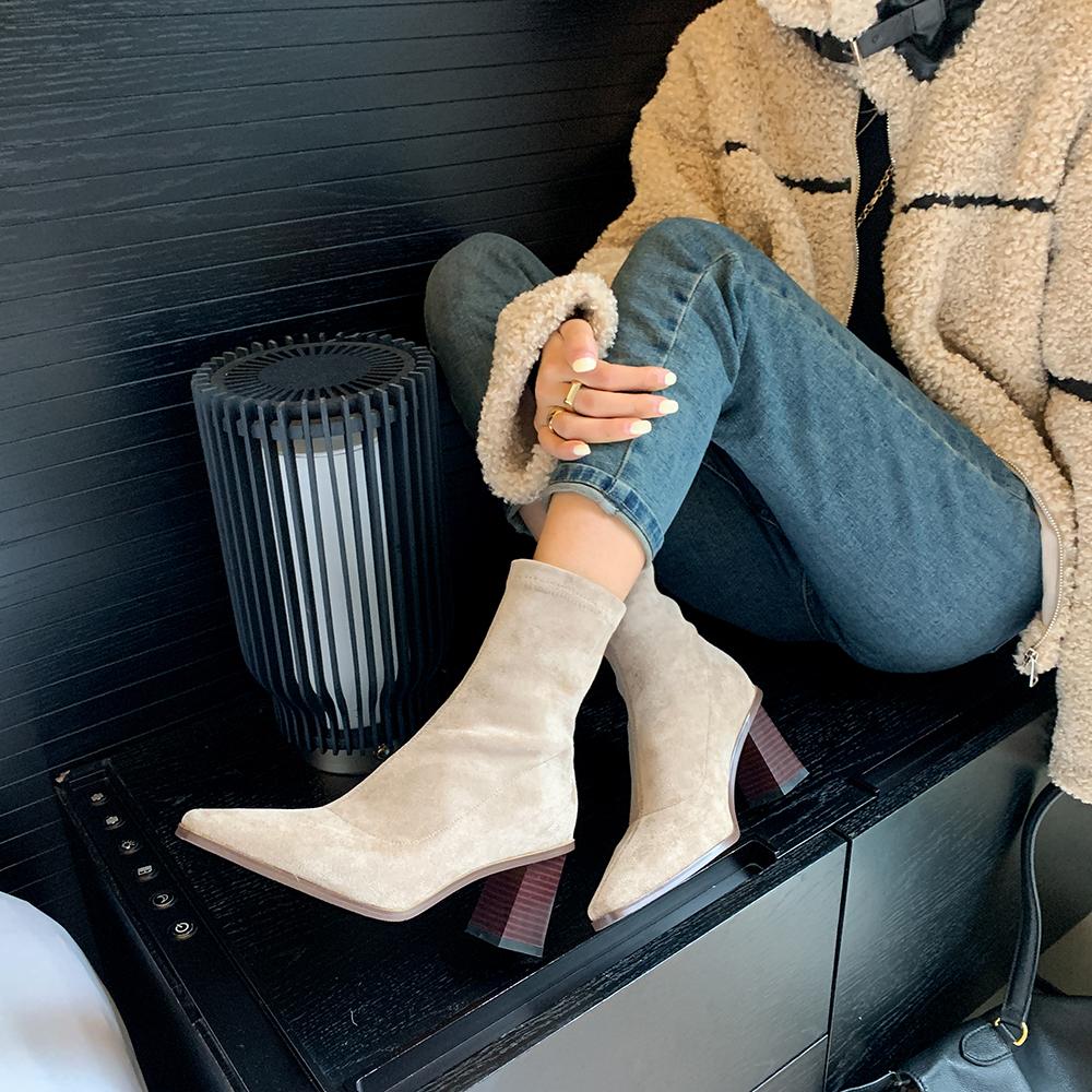 Autumn Winter Fashion Women Boots Square Toe Yarn Elastic Ankle Boots Kid Suede Thick Heel Shoes Female Socks Boots Bota Feminin
