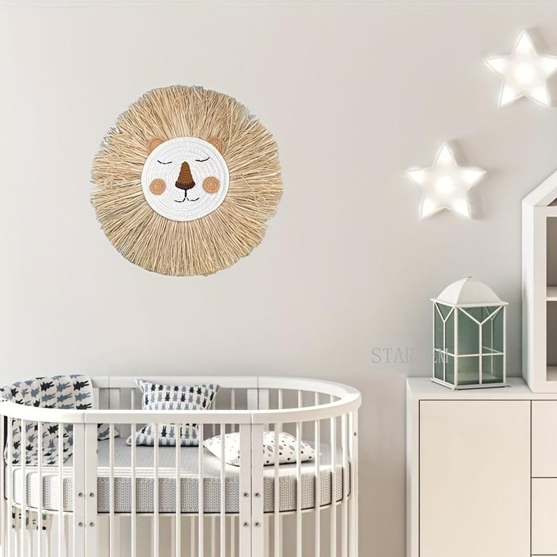 Nordic Handmade Lion Wall Decor Cotton Thread Straw Woven Animal Head Wall Hanging Ornament For Nursery Baby Room Decoration