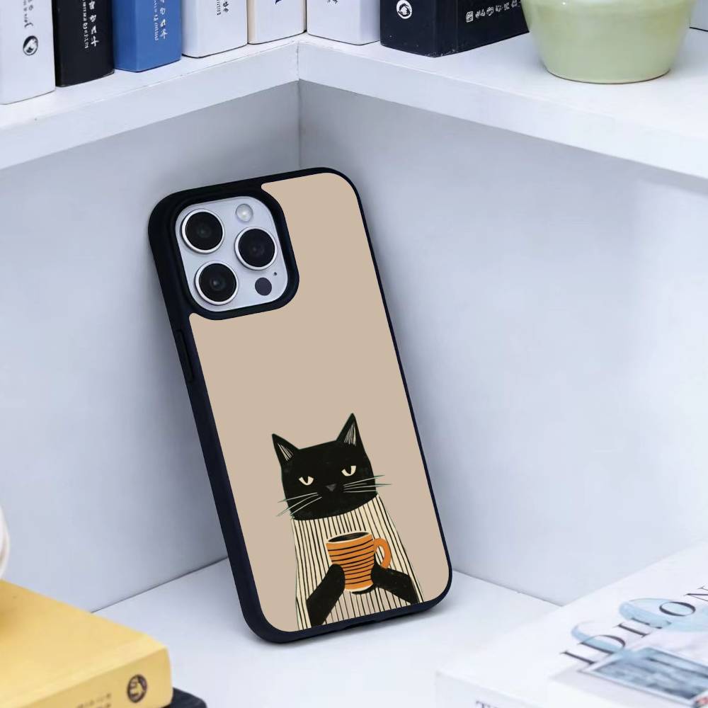 Striped Shirt Coffee Cat Phone Case For iPhone 14,16,15,13,17,12,Plus,Pro,Max Magnetic For Magsafe Frosted Cover