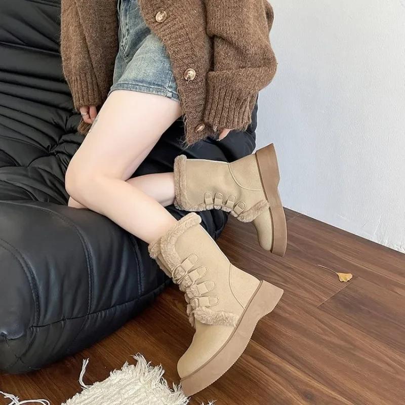 Fashion Platform High Boot Women Snow Boots Flats Fur Warm Shoes 2024 Trend Suede Cotton Sneaker Winter Kawaii Lace Up Plush Botas Mujer