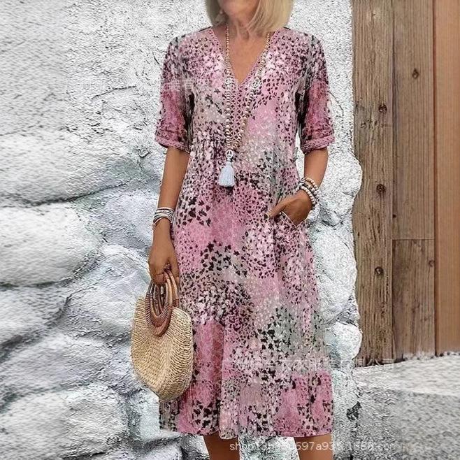 Women's V-neck Casual Summer Pocket Dress - New Print