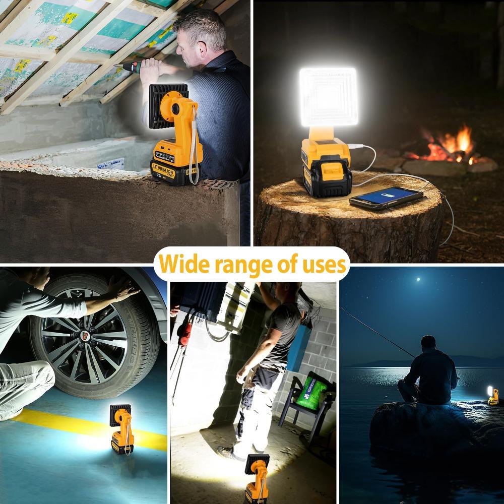 15W 2000LM Cordless LED Work Light Portable Floodlight for Dewalt 20V 60V Batteries with USB Charging Port for Job Sites Camping