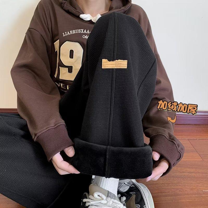 Winter velvet solid color sweatpants men's and women's thin wide-leg loose lazy style versatile casual wide-leg straight trousers