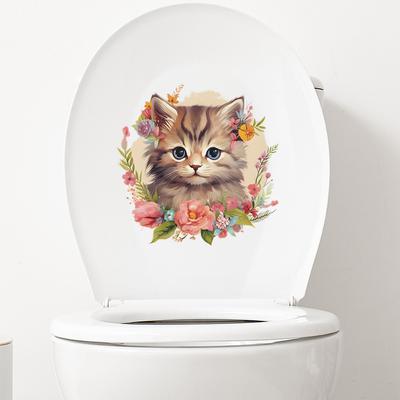 Cute Cartoon Cat with Flowers and Plants Toilet Seat Sticker Bathroom Home Decor Removable Waterproof