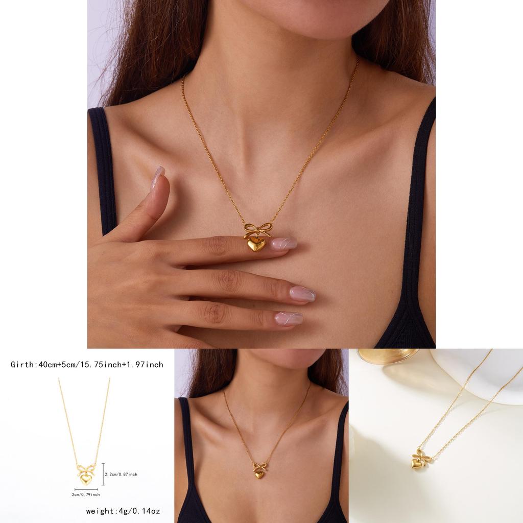 Summer Fashion Heart And Butterfly Bow Necklace In Gold Tone Stainless Steel For Women