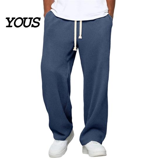 Soft Polyester Streetwear Men Waffle Baggy Trousers, Wide Leg Drawstring Waist Slacks, Loose Fit Relaxed Travel Pants Casual Sweatpants with