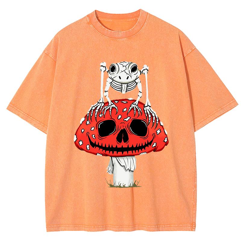 Cottagecore Mushrooms Skeleton Frog Print Women Washed T Shirt Summer Cotton T-Shirt Casual O-Neck Clothes