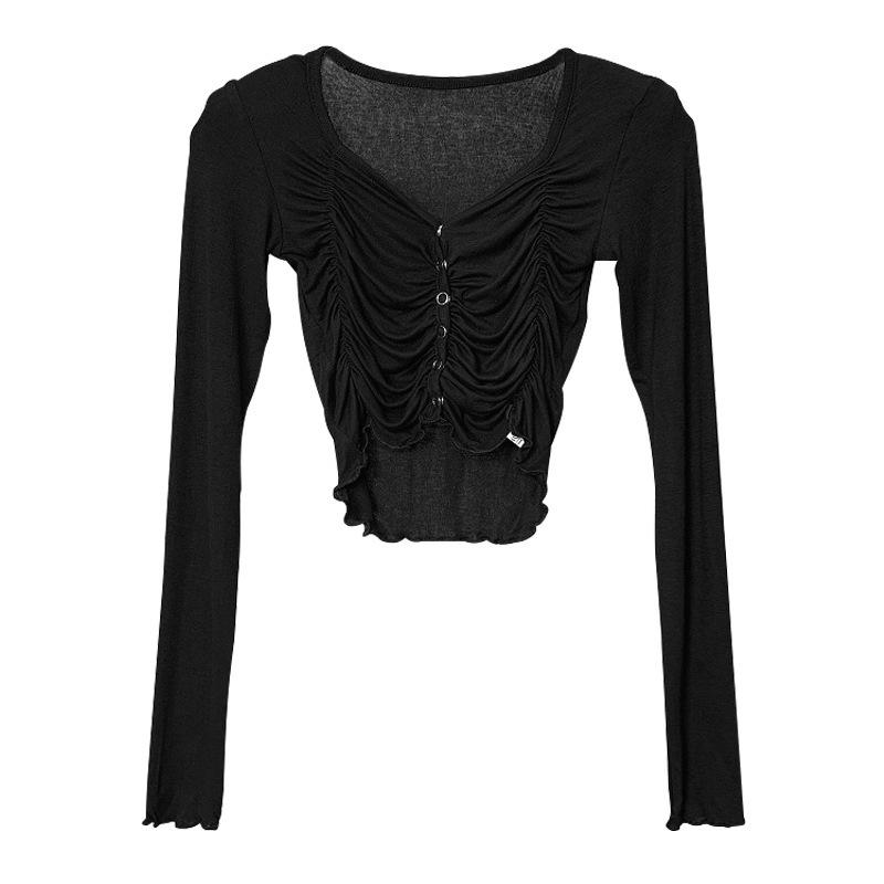Korean Square Neck Slim Pleated Shoulder Pad Crop Top