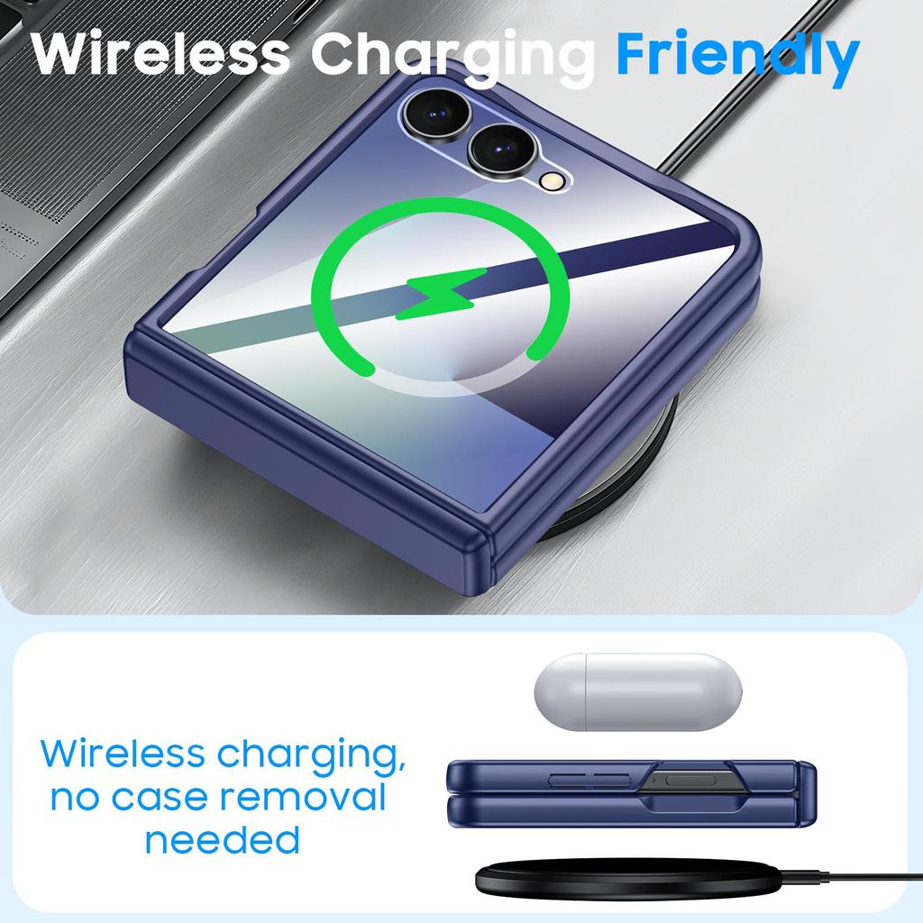 For Samsung Galaxy Z Flip 7 Case, Hinge Protection, Built-in Screen Protector, Wireless Charging, Shockproof, Slim Rugged Protective Phone Case-Blue