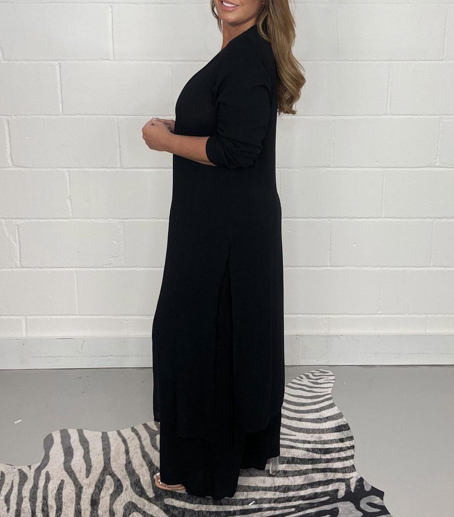 Women's V-Neck Long-Sleeve Slit Top with Wide-Leg Pants - Summer Solid Color Set