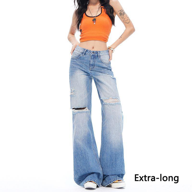 Distressed Raw Hem Micro Flare Light Tone All Match Slim Horse Hoof Denim Pants Ladies Spring Summer Casual Pants Oversize Denim Trousers