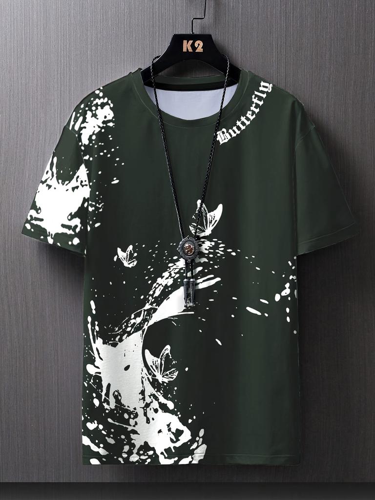 Men's Spring, Summer and Autumn Flat Shoulder Casual Butterfly Print Short-sleeved T-shirt, Suitable for Casual Outings