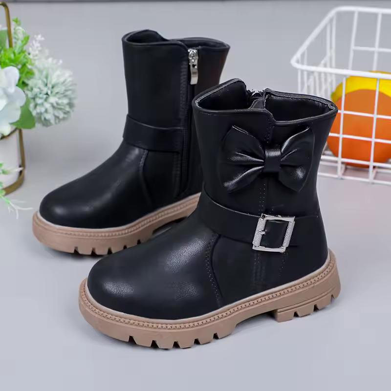 Autumn and Winter Girls Boots Bow Kids Buckle Cool Solid Color Toddler Girls Shoes Children Casual Boots Versatile Martin Boots