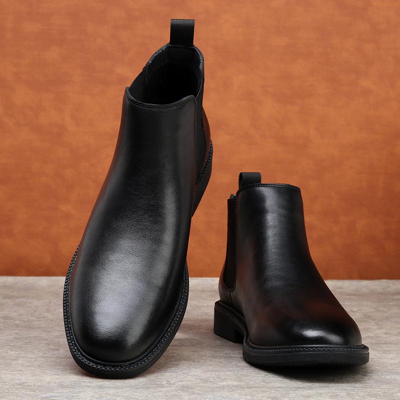 Fashion Warm Plush Fur Men Chelsea Boots New Winter Man Casual Boots Soft Leather Elastic Strap Ankle Boots Slip On Formal Business Shoe
