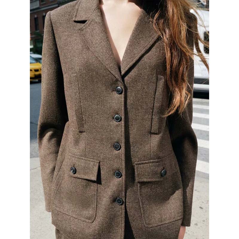 Women's Versatile Vintage Slim Suit Set Autumn Winter Long Sleeve Lapel Single Breasted Jacket Straight Leg Pants Two Piece Sets