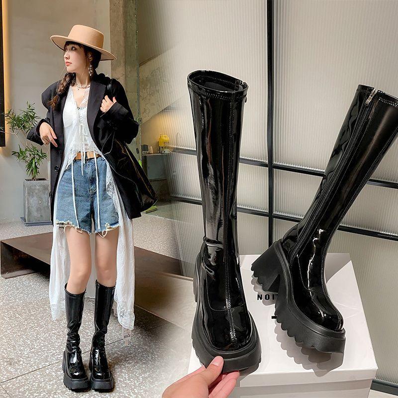 Patent leather waterproof platform thick-soled short boots heightening long boots women's thick heel knee boots women's high boots elastic boots wome