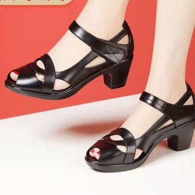 2024 Women's Summer Fashion Sandals Comfortable Hollow Fish Mouth Design with Middle Thick Heels True Soft Leather Flats