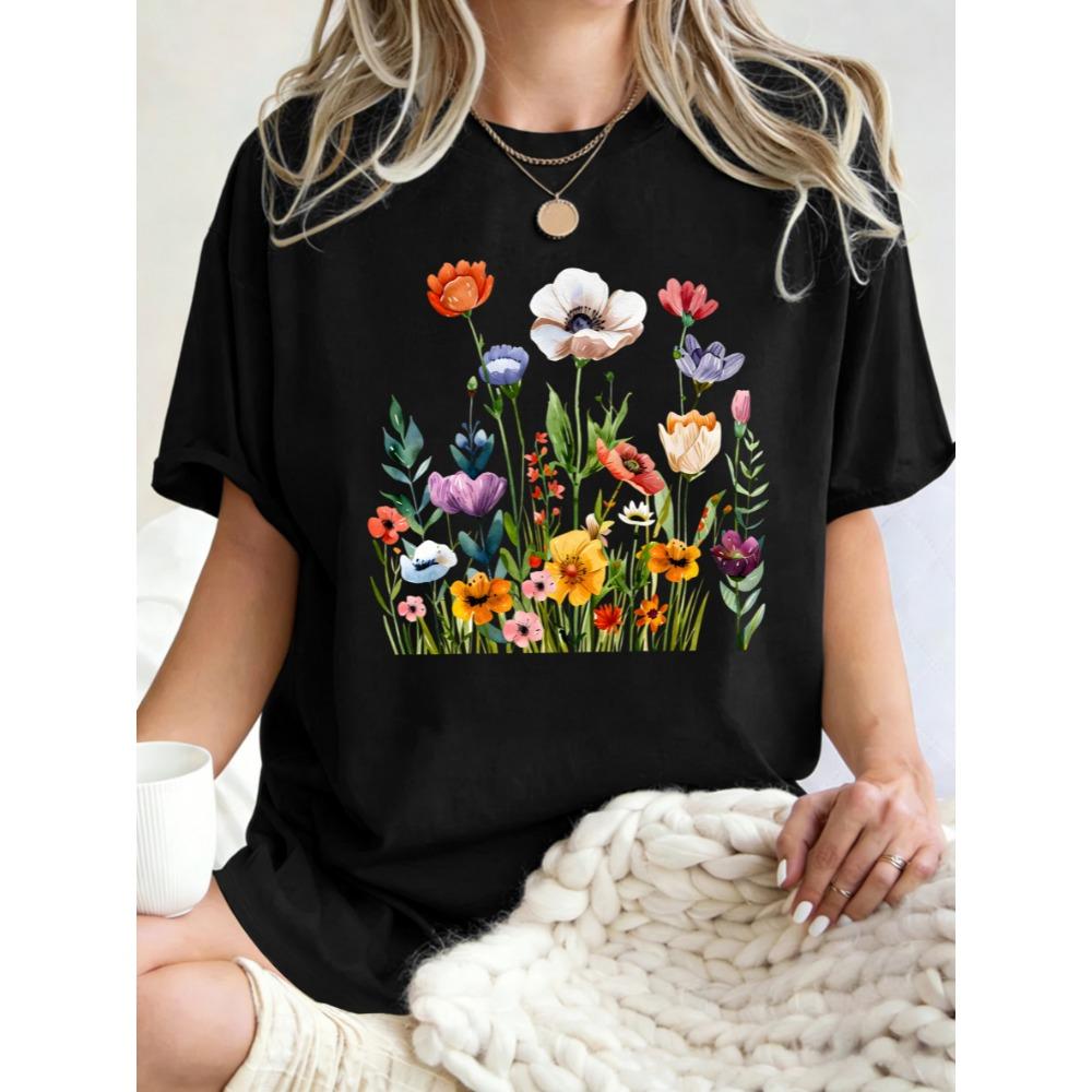 Retro Beautiful Wildflowers Flower Clusters Print Womens T Shirts Cotton T-Shirt Summer O-Neck Clothes Loose Sportswear