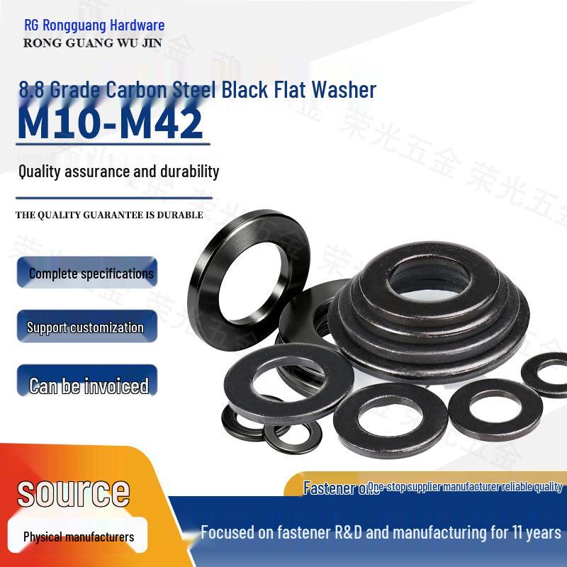 Blackened Carbon Steel Flat Washer, High Strength, Thickened DIN9021, Grade 8.8, Size M10-M42. M10*16*0.5
