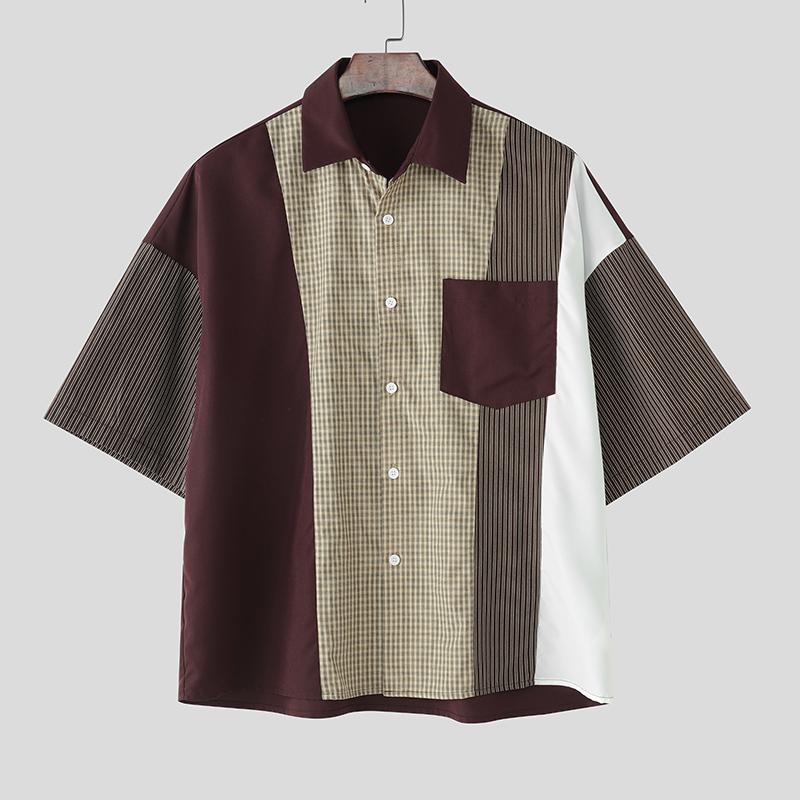 

INCERUN Мужские рубашки оверсайз с лацканами, короткими рукавами, на пуговицах, пэчворк, повседневные, свободного кроя