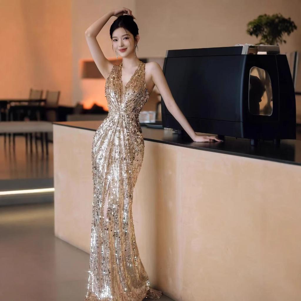 Golden sequined evening dress women's high-end neck bridal engagement dress toasting clothes banquet temperament hosting dress