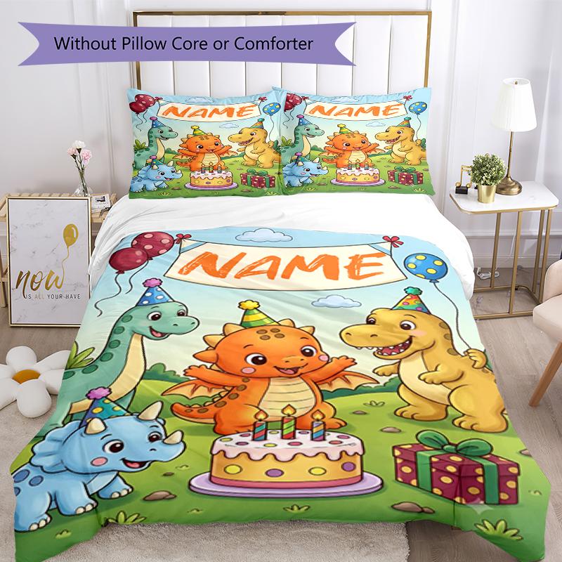 3pcs Custom Name Dinosaur Bedding Set Duvet Cover Closure Includes 1 Duvet Cover & 2 Pillowcases, Soft and Comfortable for All Seasons.