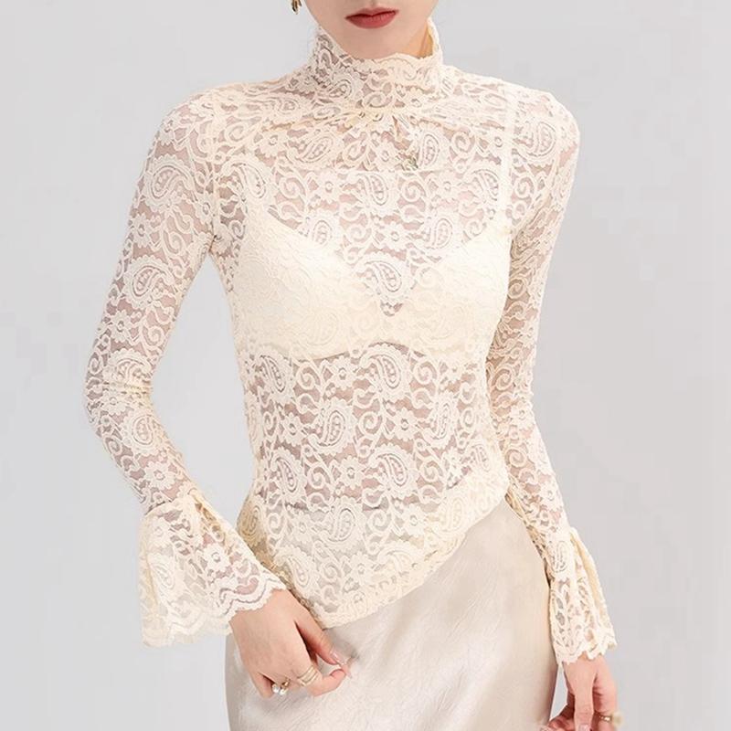 Women's Flower Lace Turtleneck Mesh Top Elegant Pullover