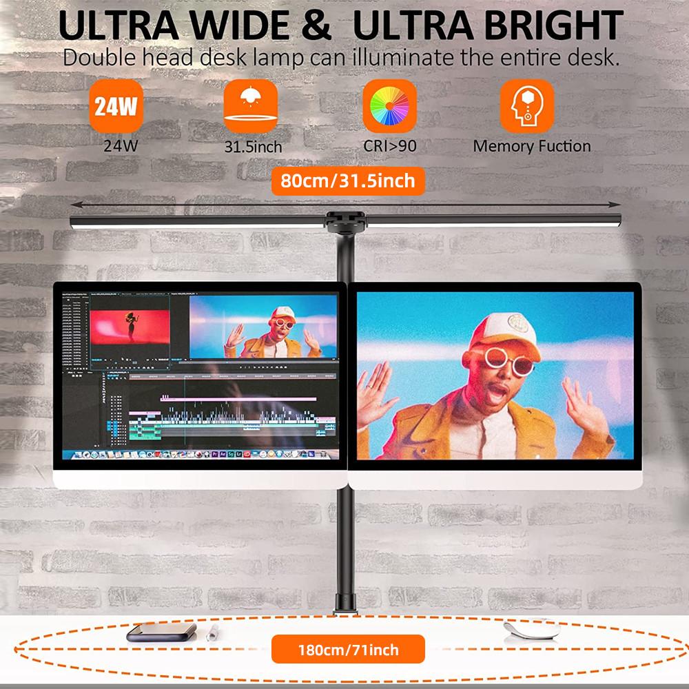 80CM 24W Study Gaming Work Table Light Super Wide Clip Desk Lamp Dimmable Double Head Study LED Lamp