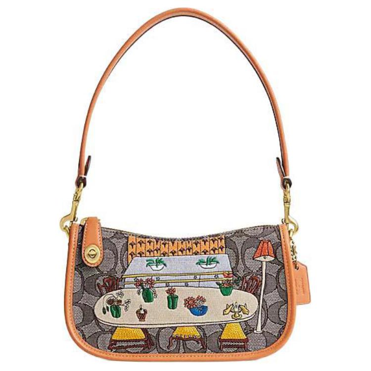 New COACH Observed By Us Collaboration Swinger Fabric With Cow Leather Shoulder Bag Handbag Mahjong Women's Oak Maple CK480-B4S0M