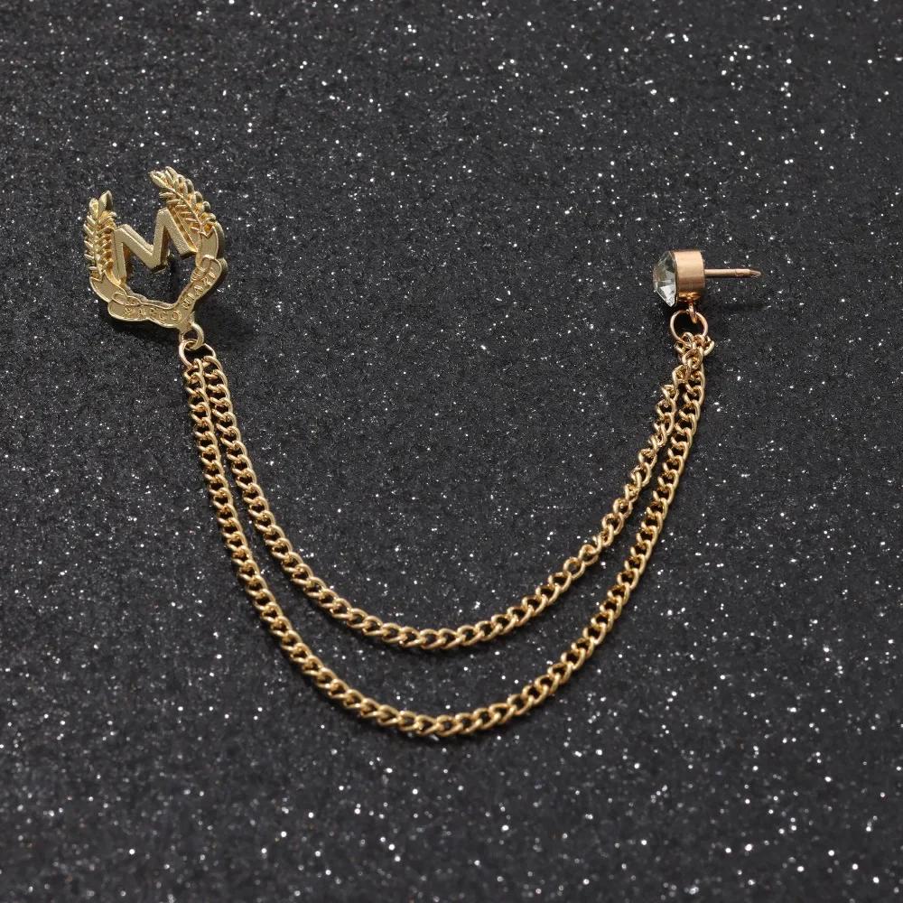 British Style High-end Maple Leaf Brooch with Rhinestone Chain Fashion Vintage Tassel Badge Lapel Pin for Men's Suit Accessories