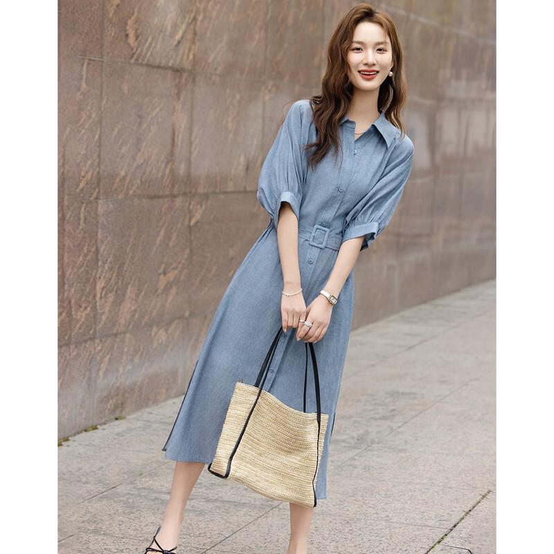 Demana Linen Blend Belted Lapel Mid-Sleeve Shirt Dress