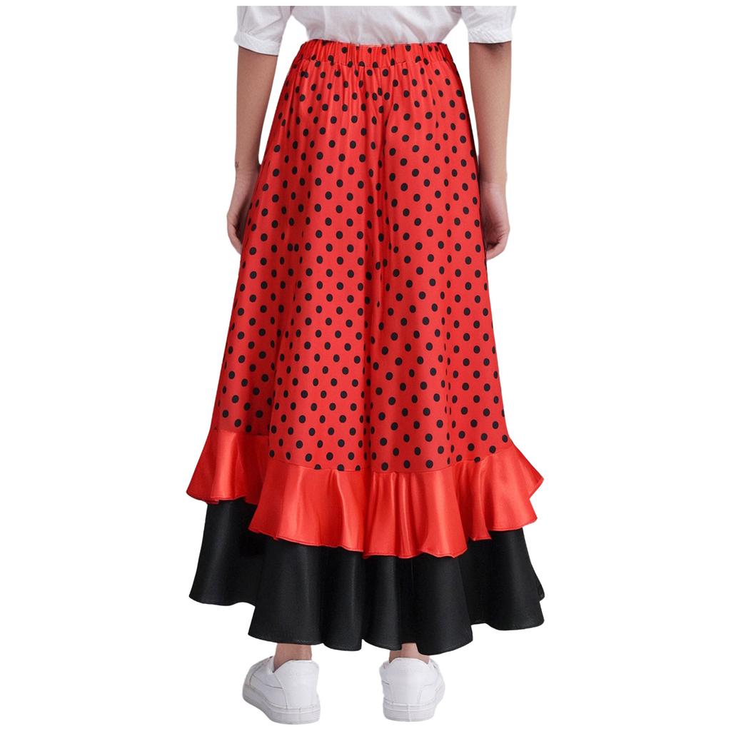 Mädchen Flamenco Tanzrock Pünktchenmuster Rüschenlagen Elastischer Bund Langer Rock Spanisches Bühnenoutfit