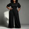 Women's Plus Size Color Jumpsuit, High Waist Round Neck, Slim Fit Top with Loose Wide Leg, Casual Everyday Wear
