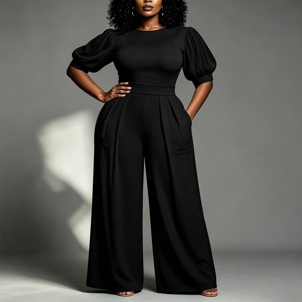 Women's Plus Size Color Jumpsuit, High Waist Round Neck, Slim Fit Top with Loose Wide Leg, Casual Everyday Wear