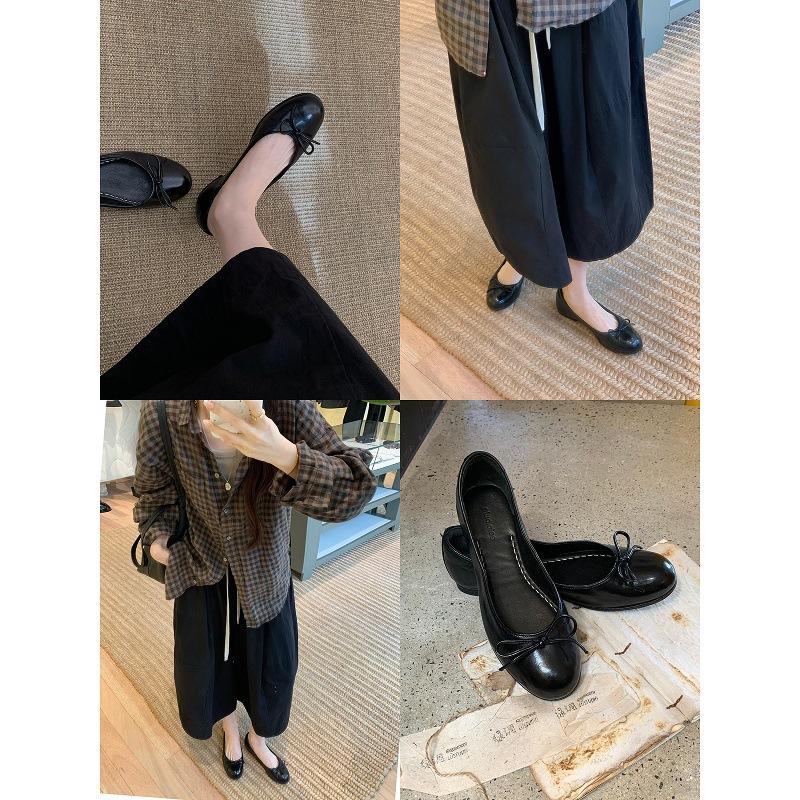Super soft washed horse leather Gallida women's shoes French retro bow light mouth single shoes women's versatile ballet flats