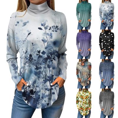 Women's Fashionable Casual High Neck Printed Long Sleeve T-Shirt Pullover Top