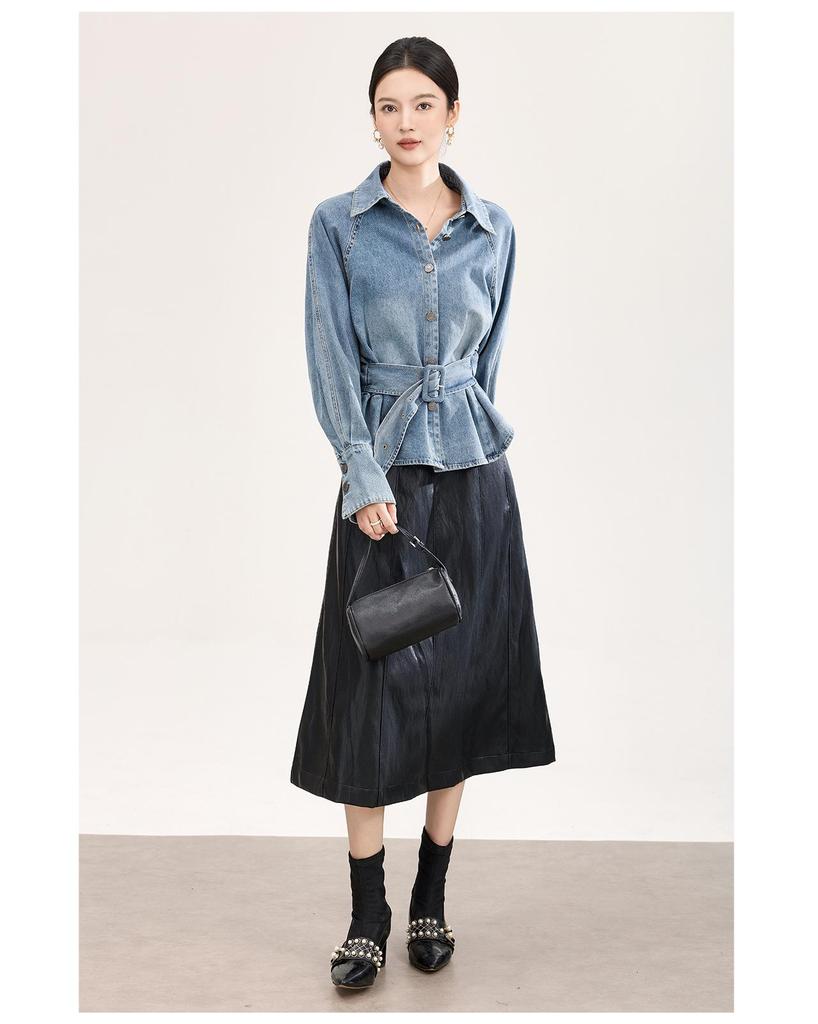 High-Quality Nanyou Retro Bleached Lace-Up Denim Shirt - Early Spring Long-Sleeved Top
