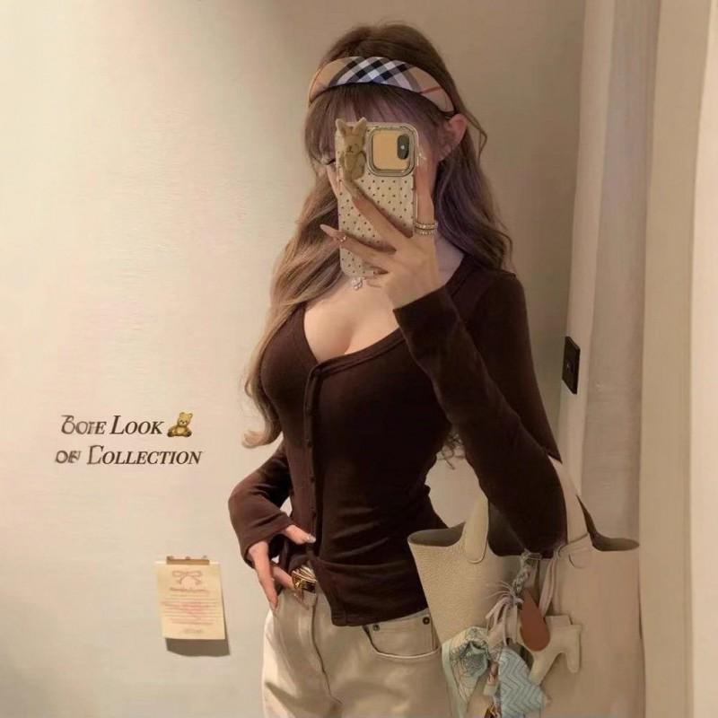 Womens Sexy V-Neck Long Sleeve T-Shirt Pure Slim Fit Casual Top Daily Wear