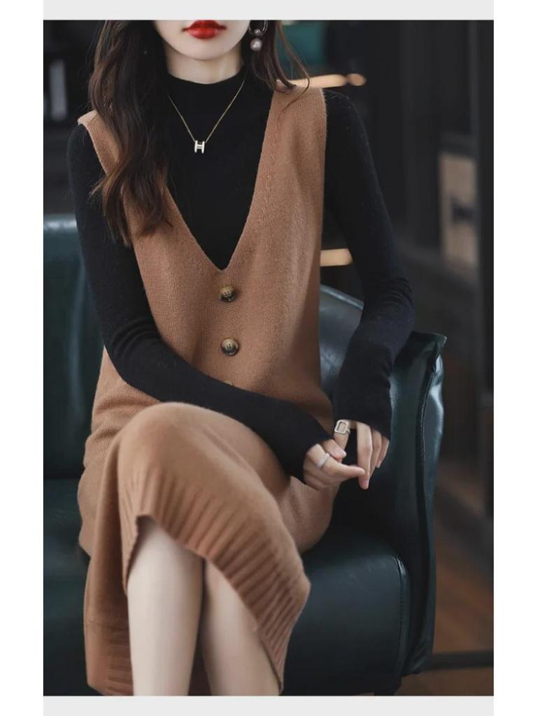 Women's Sleeveless Knit Vest Dress for Spring & Fall 2024 - Mid-Length, Loose, Over-the-Knee Style