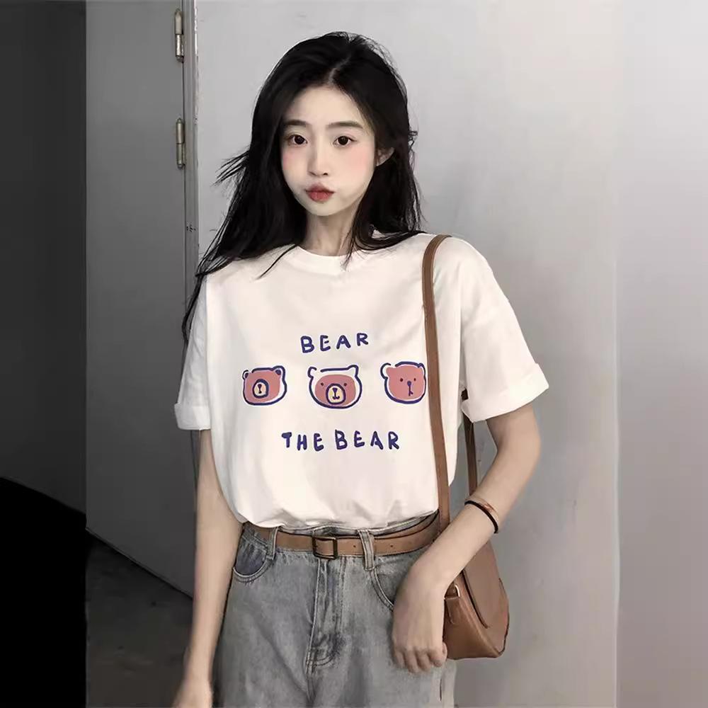 Women's Casual Short Sleeve T-Shirt Cute Cartoon Bear Print Loose Crew Neck Summer Basic Tee Top