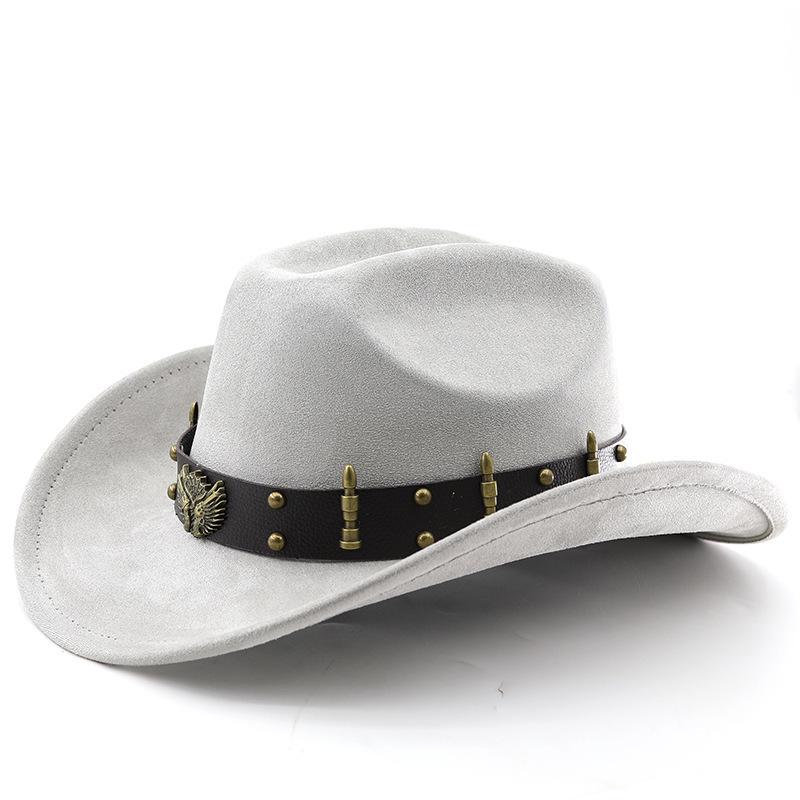 Замшевая Вестерн Ковбойская Шляпа Винтажная Металлическая Джазовая Шляпа Мужская и Женская Этнический Стиль Цилиндр M（56-58cm） светло-серый