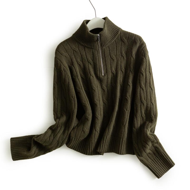 2025 Puyuan Autumn/Winter Wool Cable Knit Stand Collar Zip-Up Sweater for Women - Soft Texture