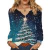 Women's Fashionable Casual V-neck Blouse Button Christmas Printed Long-sleeved Pullover T-shirt Top
