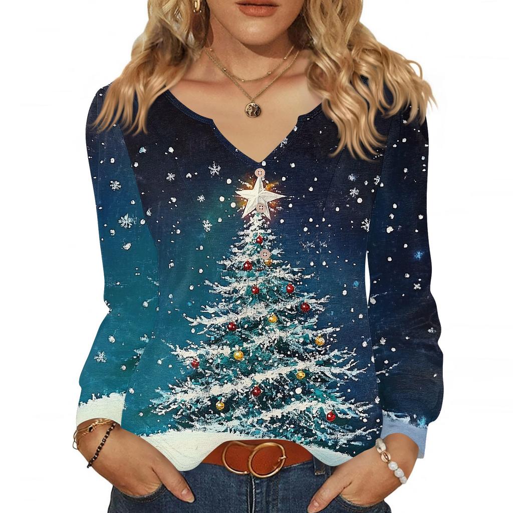 Women's Fashionable Casual V-neck Blouse Button Christmas Printed Long-sleeved Pullover T-shirt Top