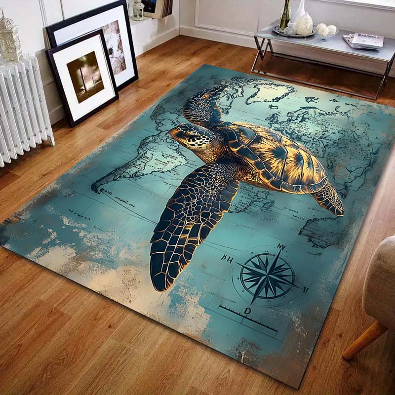 Vintage Turtle Map Print Carpet for Living Room Bedroom Bedside Sofa Floor Mat Modern Home Decor Area Rug Machine Wash